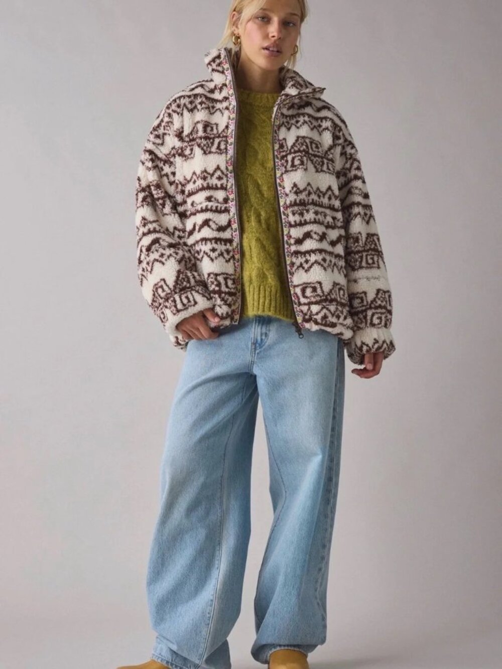 NWT BDG Urban Outfitters Mae Printed Piled Fleece Zip-Up Jacket NEW